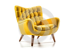 Threequarter View Yellow Mid Century Modern Armchair On White Background. Generative AI photo