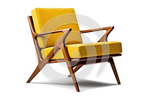 Threequarter View Yellow Mid Century Modern Armchair On White Background. Generative AI photo