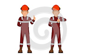 Threes industrial worker are raising hand sign thumbs up and thumbs down