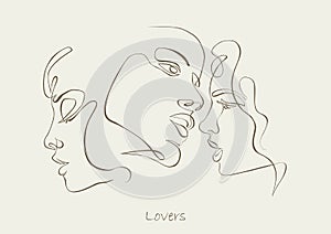 Threesome, love triangle. One line drawing