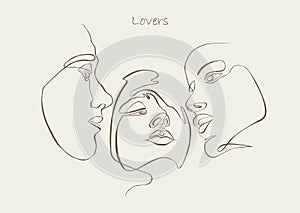 Threesome, love triangle. One line drawing