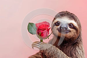 Threetoed sloth clutching a red rose between its furcovered paws. Valentines Day. Copy Space. photo