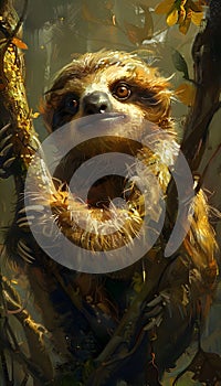 Threetoed sloth hanging from jungle tree branch in painting photo