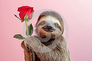 A threetoed sloth gently holds a red rose with its furry paws. Valentines Day photo