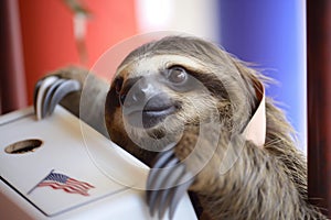 Threetoed sloth peers from box adorned with American flag photo