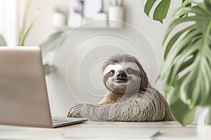 Threetoed sloth perched on wooden desk next to laptop photo