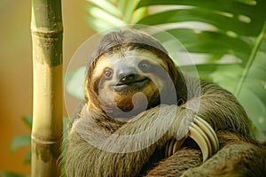 Threetoed sloth perching on tree branch in jungle habitat photo