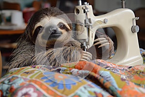 Threetoed sloth beside a sewing machine on a blanket photo