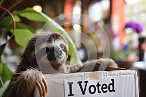 The elections. Threetoed sloth in box with I Voted sign rare terrestrial animal event photo