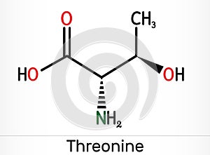 Threonine, L-Threonine, Thr, C4H9NO3 essential amino acid molecule. Skeletal chemical formula