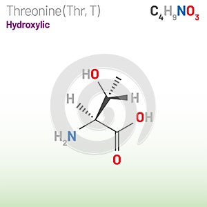 Threonine (Thr, T) amino acid molecule. (Chemical formula C4H9NO3)