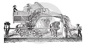 Threshing machine or thrashing machine vintage engraving