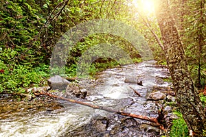 Thresholds and waterfall of mountain river