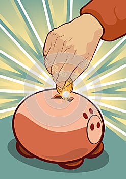 Thrifty Concept - Hand Putting Coin in Piggy Bank photo