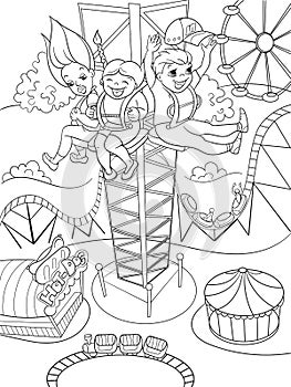 Thrill from a free fall from this tower. Coloring book black lines on a white background