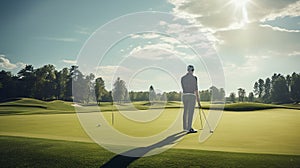 The Thrill of Lining Up a Putt with a Bright Sky Overlooking the Green Course Landscape