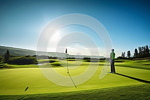 The Thrill of Lining Up a Putt with a Bright Sky Overlooking the Green Course Landscape