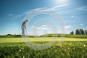 The Thrill of Lining Up a Putt with a Bright Sky Overlooking the Green Course Landscape