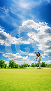 The Thrill of Lining Up a Putt with a Bright Sky Overlooking the Green Course Landscape