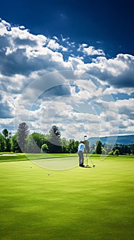 The Thrill of Lining Up a Putt with a Bright Sky Overlooking the Green Course Landscape