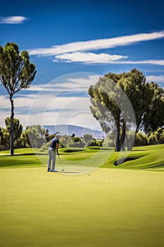 The Thrill of Lining Up a Putt with a Bright Sky Overlooking the Green Course Landscape