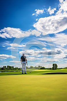 The Thrill of Lining Up a Putt with a Bright Sky Overlooking the Green Course Landscape