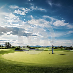 The Thrill of Lining Up a Putt with a Bright Sky Overlooking the Green Course Landscape