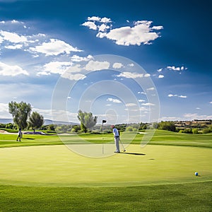 The Thrill of Lining Up a Putt with a Bright Sky Overlooking the Green Course Landscape