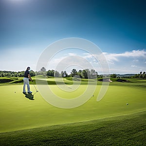 The Thrill of Lining Up a Putt with a Bright Sky Overlooking the Green Course Landscape