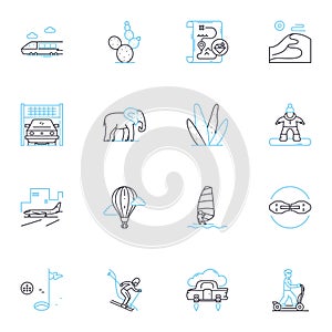 Thrill-seeking trip linear icons set. Adventure, Excitement, Adrenaline, Rush, Thrill, Danger, Fear line vector and