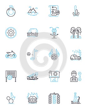 Thrill-seeking trip linear icons set. Adventure, Excitement, Adrenaline, Rush, Thrill, Danger, Fear line vector and