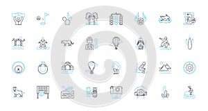 Thrill-seeking trip linear icons set. Adventure, Excitement, Adrenaline, Rush, Thrill, Danger, Fear line vector and photo
