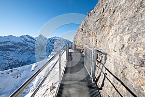 The Thrill Walk at Birg near Schiltorn in the Swiss Alps. It`s a steel pathway built into the mountainside.