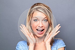 Thrilled gorgeous woman expressing happiness and wellbeing photo