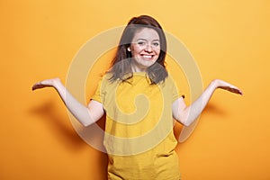 Thrilled woman with extended arms