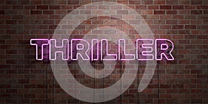 THRILLER - fluorescent Neon tube Sign on brickwork - Front view - 3D rendered royalty free stock picture