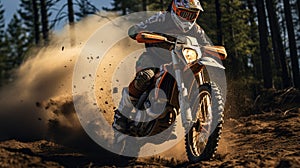 A thrilling action of a professional motorcyclist on an enduro motorcycle rides in the forest photo