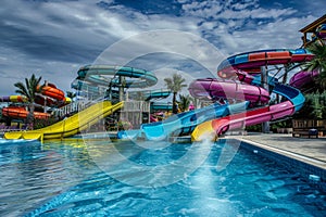 Thrilling aqua park adventure with slides, pools, and splashes. photo