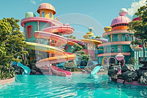 Thrilling aqua park adventure with slides, pools, and splashes. photo