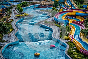 Thrilling aqua park adventure with slides, pools, and splashes. photo