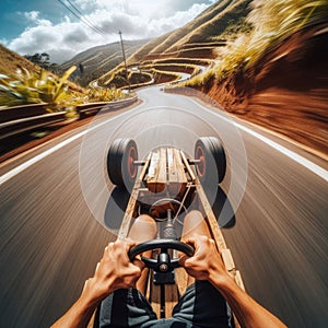 Thrilling drive down winding road, on a go-cart, seen from driver\'s viewpoint