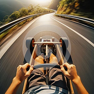 Thrilling drive down winding road, on a go-cart, seen from driver\'s viewpoint