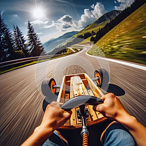 Thrilling drive down winding road, on a go-cart, seen from driver\'s viewpoint