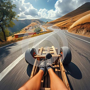 Thrilling drive down winding road, on a go-cart, seen from driver\'s viewpoint