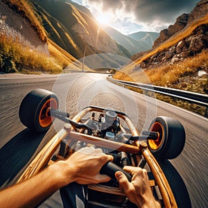 Thrilling drive down winding road, on a go-cart, seen from driver\'s viewpoint