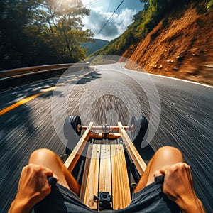 Thrilling drive down winding road, on a go-cart, seen from driver\'s viewpoint