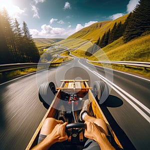 Thrilling drive down winding road, on a go-cart, seen from driver\'s viewpoint