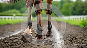 Thrilling horse race betting with close up view of competitive galloping hooves in action
