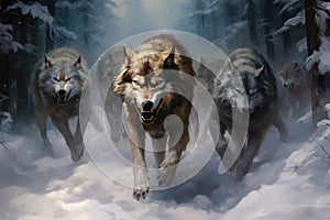 A thrilling image of a pack of wolves running together in a snowy forest, A pack of wolves hunting in the snowy forest, AI