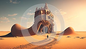 A thrilling journey through the desert leads to a mysterious building in an evocative illustration